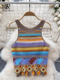 SINGREINY Bohemian Rainbow Knit Tops Y2k Hooked Flower Hollow Out Sleeveless Sweet Summer Women Holiday Beachwear Colorful Camis