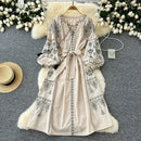 the INDIE BOHO - Bohemian Retro Ethnic Style Spring Autumn Embroidered Lace Up Lantern Sleeves Waist Cinching Long Dress