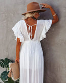 the BEACH BOHO - Summer Long Bikini Cover Ups Solid V-Neck Kimono Beach Lace Up Anti-Sun Swim Bohemian Sarong Dress for Women