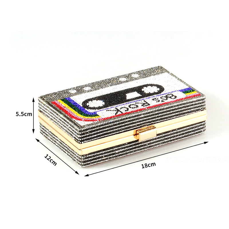 the MIX TAPE - Fashion Crystal Women's Luxury Rhinestone Wedding Clutch Bag, Cassette Tape Evening Bag, Party Money Purses, Handbags/Shoulder Bag