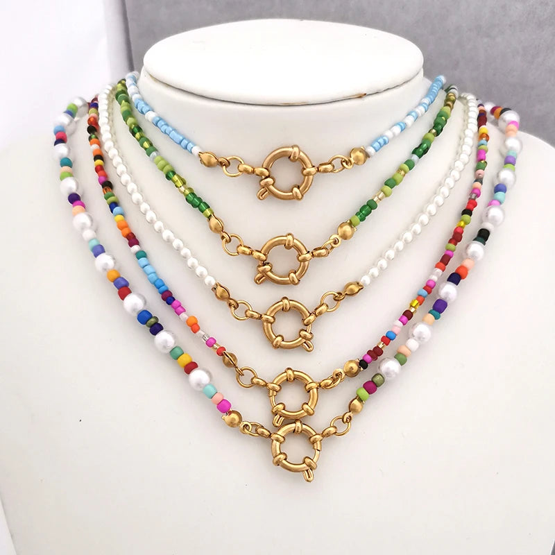 the LAYERED BOHO - Women's Imitation Pearl Necklace Choker Seed Beads Rainbow Stainless Steel Clasp Sailor Buckle Base Chain Gold Color Boho