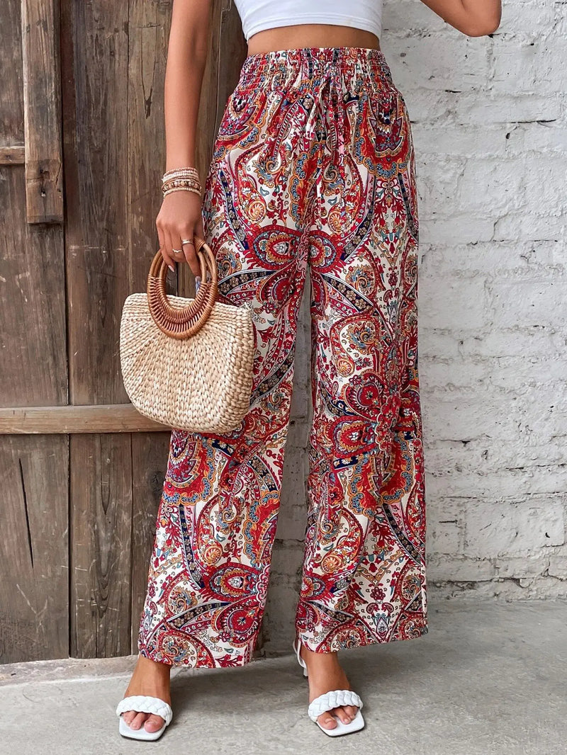 Women's Pants 2024 Summer New Fashion Versatile Printed Elastic Waist Wide Leg Pants Retro Ethnic Style Elastic Waist Trousers