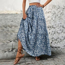 the WHITE FLORAL - Small Floral Waistband Elastic Three-Layer Splicing Long A-Line Pleated Big Swing Skirts