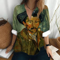 Women's Long Sleeved Shirt Van Gogh's Oil Painting Print Sunflower Pattern Clothing Loose Lapel Top Women's Party Fashion Shirt