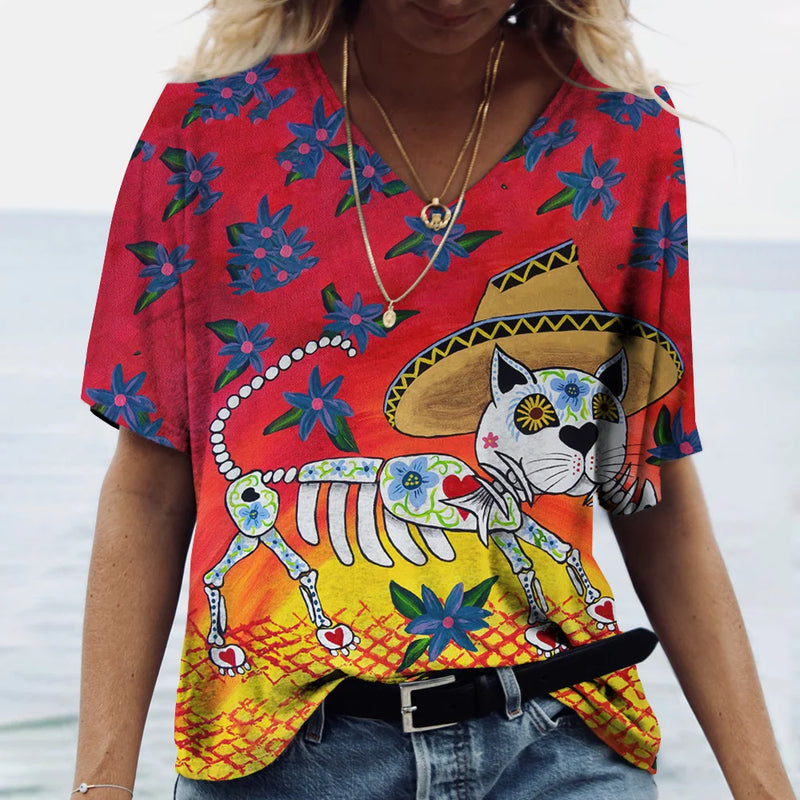 Summer New Women's V-neck Top Short Sleeve T-shirts 3D Cute Dog Print Casual Lovely Harajuku Versatile Y2K Clothes European Size