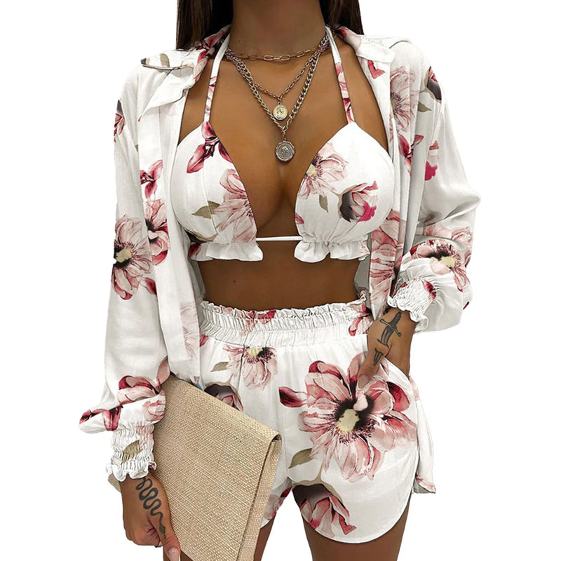 2024 Bohemia Beach Summer Women Clothing Outfits Fashion Spring Sling Tops Long Shirt Short Pants 3 Pcs Sets