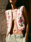 the EMBROIDERRY - Women's Vintage Boho Floral Embroidered Sleeveless Crop Cardigan Open Front Vest Outwear Jackets