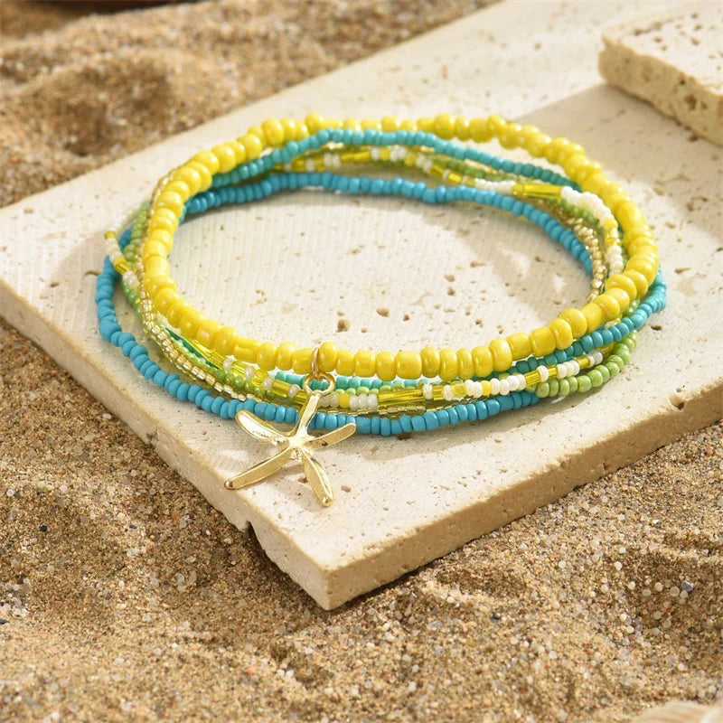 the BEADED STARFISH - Boho Stacking Multilayer Color Rice Beads Starfish Bracelet for Women, Fashion Beaded Rope Chain Summer Beach Wrist Jewelry Gifts