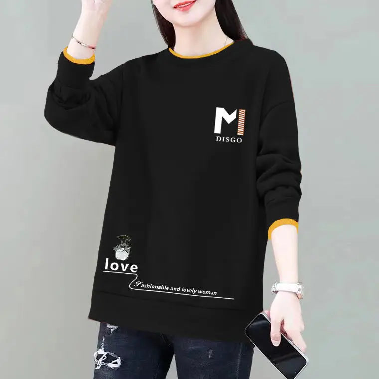 Commuter Women's Clothing Pullover Letter Printing Lantern Long Sleeve Hoodies Casual Loose Spring Autumn Round Neck Tops