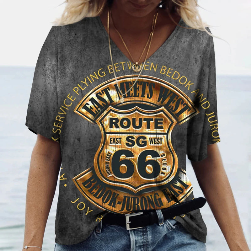 Hot US Route 66 Pattern 3D Print Women's V-Neck T-shirts Casual Lady Short Sleeve Oversized Pullover Fashion Tops Women Clothes