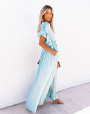 the BEACH BOHO - Summer Long Bikini Cover Ups Solid V-Neck Kimono Beach Lace Up Anti-Sun Swim Bohemian Sarong Dress for Women