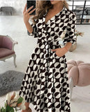 the BOHO WRAP - Spring/Summer V-Neck Fashion Three Quarter Sleeve Printed Polo Long Dress with Waist Tie Up