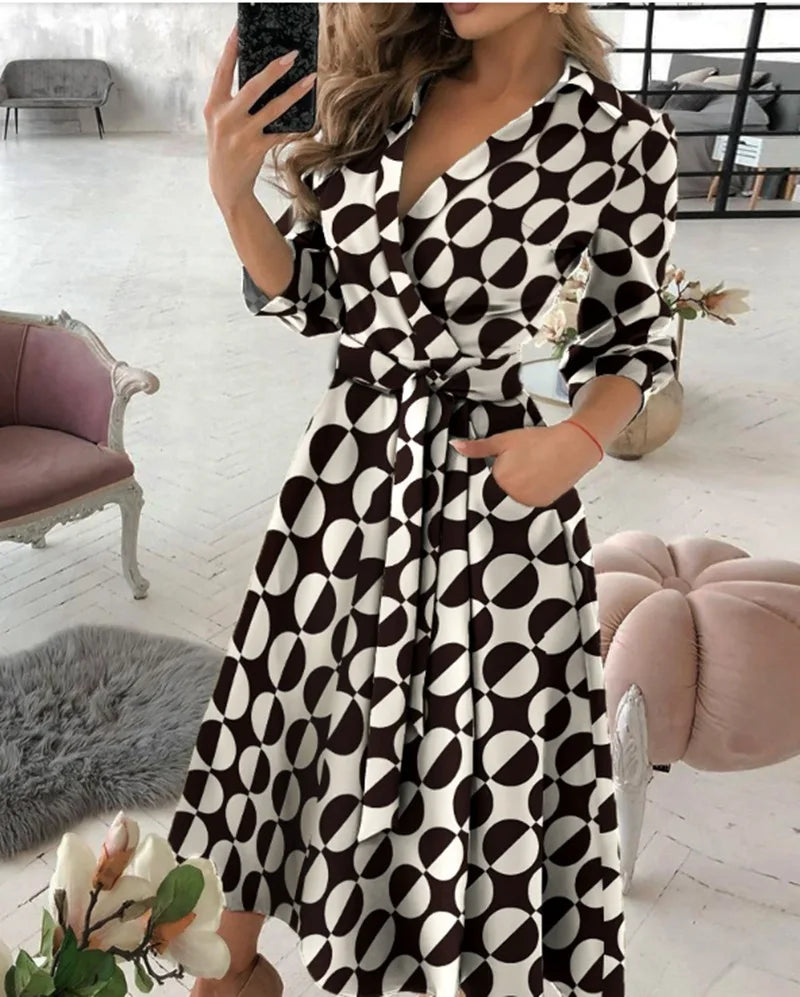 Women V-Neck Dress Spring And Summer New Fashion Three Quarter Sleeve Printed Women's Dress With Waist Tie Up Polo Long Dress