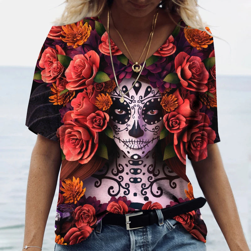 2023 Vintage Skull Face Women's T Shirt Tops V Neck Casual Cotton Short Sleeve Pullover Summer Female Harajuku Punk Streetwear