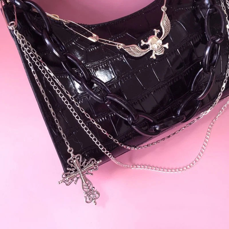 the VAMP GIRL - Retro Women's Underarm Bag, Trend Gothic Skull Chains Handbags and Purse, High Street Punk Cross Shoulder Bags