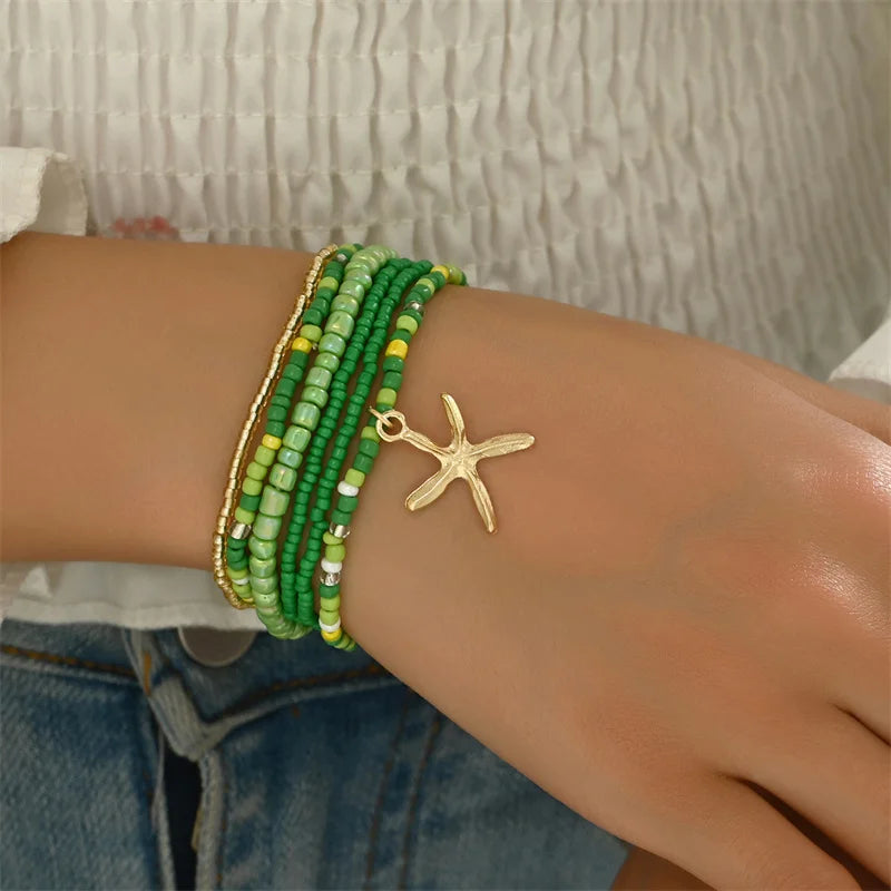 the BEADED STARFISH - Boho Stacking Multilayer Color Rice Beads Starfish Bracelet for Women, Fashion Beaded Rope Chain Summer Beach Wrist Jewelry Gifts