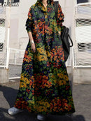 the BOHO KIMONO - Floral Printed Long Sleeve Cotton Maxi Dress Long Loose Casual Lapel Neck Shirtdress