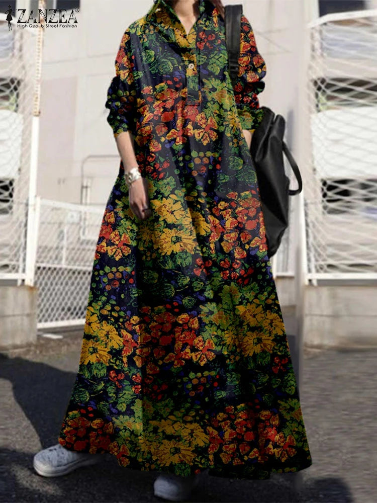 ZANZEA Floral Printed Long Sleeve Cotton Maxi Dress Women Spring 2025 Loose Casual Lapel Neck Shirtdress Streetwear Long Vestido