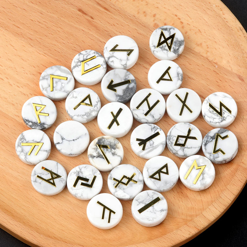 the RUNES - 25pcs Natural Crystal Runes Signs Round Stone Runic Alphabets Letters Sacred Symbol Healing Gem Energy Amulet Reiki Chakra Set