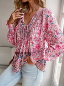 the BAGGY BOHO - Boho Floral Blouse V-Neck Tassel Long Sleeve Bohemian Summer Fashion Shirt for Women