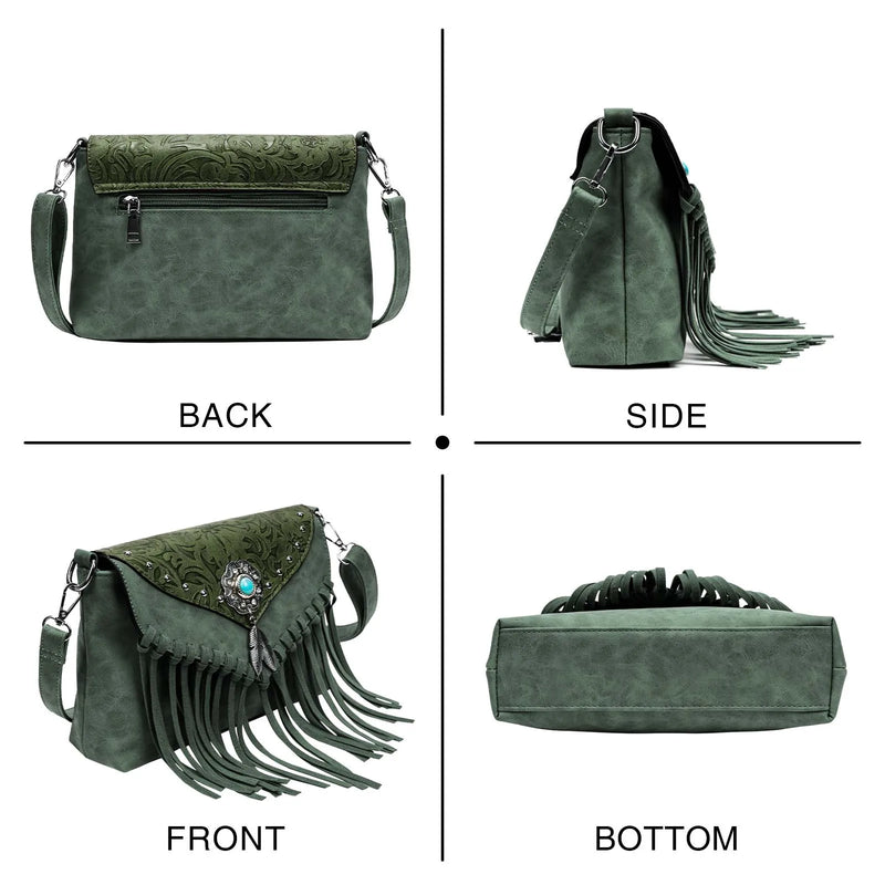 the WESTERNER - Original Design Shoulder Bag for Women, PU Leather Luxury Clutch Designer Handbags, Western Purse Fringe Messenger Bag