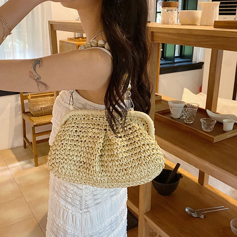 the BEAN BAG BOHO - Women Straw Crossbody Bag Clutch Purse, Weaving Shoulder Bag, Versatile Small Beading Handbag, Rattan Boho Summer Beach Woven Bag