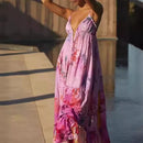 the FLORAL BOHO - Casual Summer Deep V Waist Pleated Fashion Floral Print Vacation Elegant Beach Dress for Women