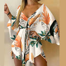 the RESORT BOHO - Women Print Dress Sexy V-Neck Bat Sleeve Ruffle Flowers Print Bohemian Beach Loose Summer Vacation Mini Dresses