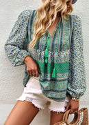 the BAGGY BOHO - Boho Floral Blouse V-Neck Tassel Long Sleeve Bohemian Summer Fashion Shirt for Women