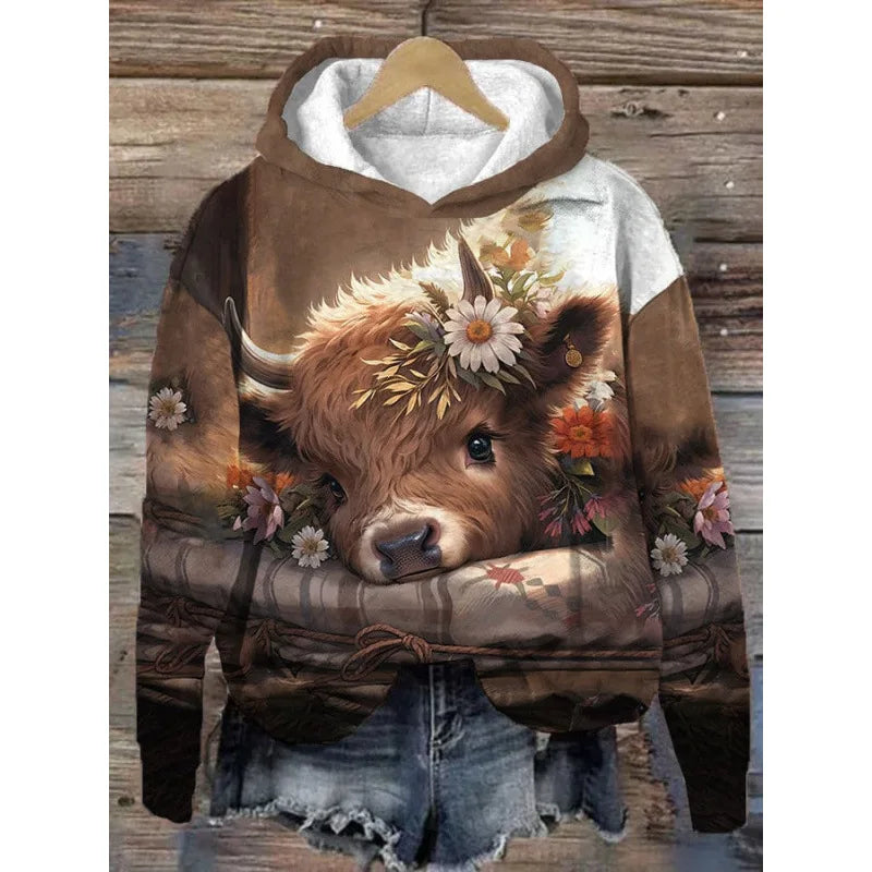 Cute Highland Cow 3D Print Hoodies Women Men Animal Hooded Sweatshirts Streetwear Pullovers Tracksuits Female Unisex Clothing