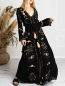 the MOON CHILD - Vintage V-Neck Long Dress Lace Up Large Hem Dress Long Sleeve Loose Long Robe