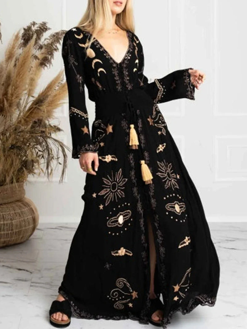 V Neck Long Dress Lace Up Vintage Printed Large Hem Dresses Women Casual Summer Long Sleeve Dress Loose Long Robe Vestidos