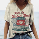 the ROUTE 66 - Pattern 3D Print V-Neck Casual Short Sleeve Oversized Pullover Fashion T-Shirts for Women