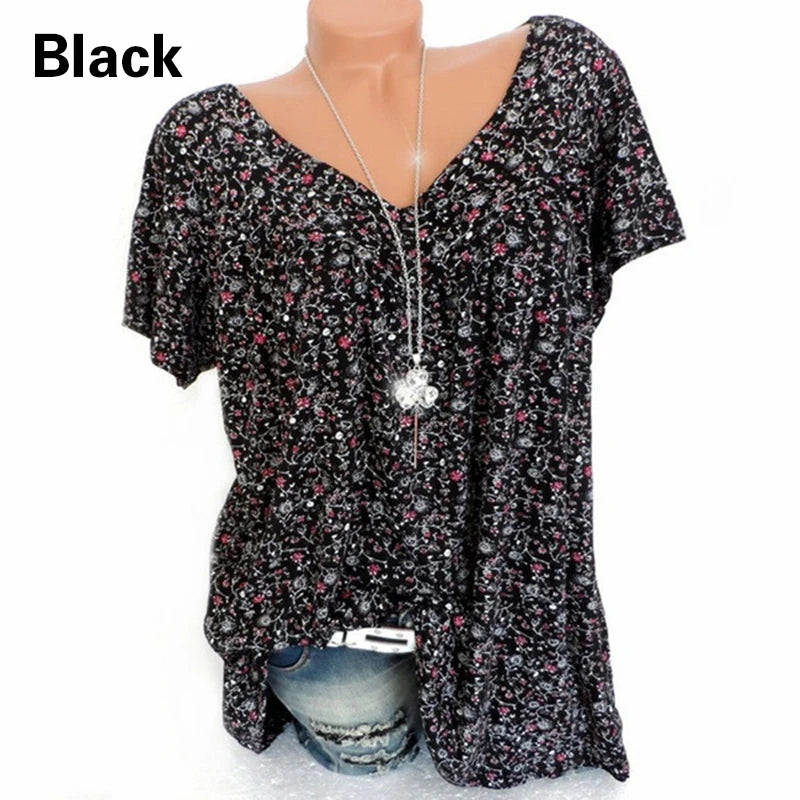 Casual Large Size V-Neck T-Shirt Tops Fashion Women T-Shirt Summer Printed Loose Bottoming Shirt