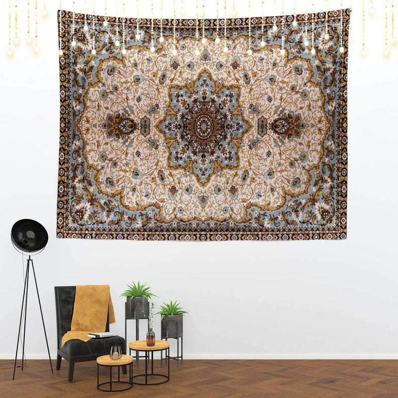 the PERSIAN RUG - Round Mandala Blue/Grey Tapestry Eastern Oriental Persian Textile Pattern Wall Hanging, Large Tapestry Decorations