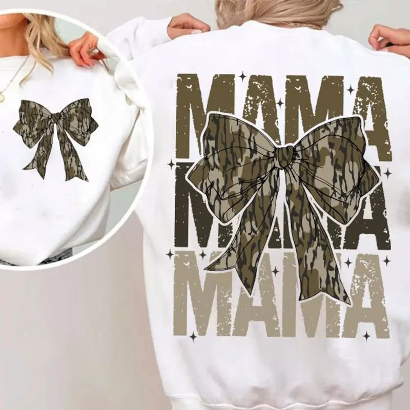 Mama Camo Coquette Bow Women Sweatshirts School Camo Girls Camo Bow Hoodies Retro Hunting Coquette Bow Oversized Sweatshirts