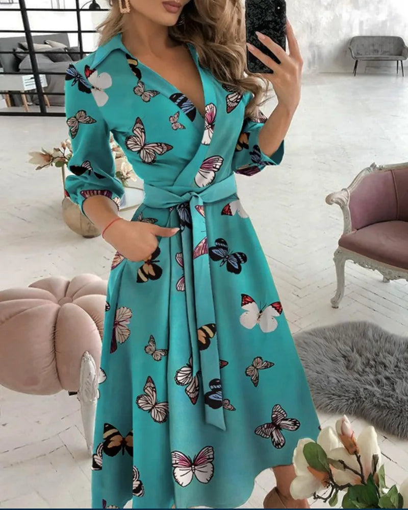 Women V-Neck Dress Spring And Summer New Fashion Three Quarter Sleeve Printed Women's Dress With Waist Tie Up Polo Long Dress