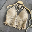 the CROP TOP BOHO - Women's Summer Bohemian Style Beach Bikini Short Sexy Hollow Out Knitted Tassel Crop Tops
