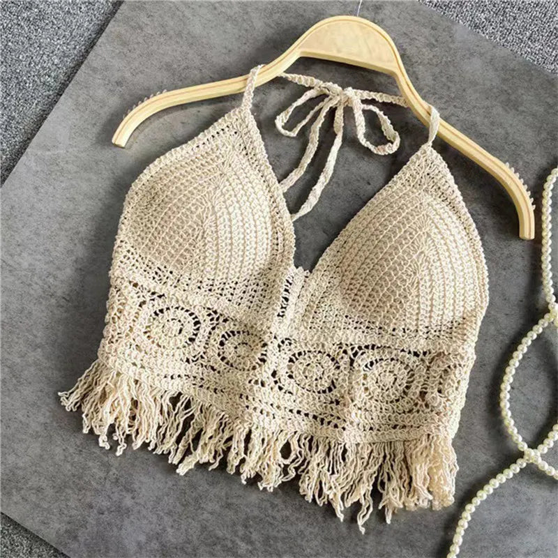 Women Summer Short Vest Sexy Hollow Out Vest Knitted Tassel Crop Tops Bohemian Style Beach Bikini Tank Tops Shirt Hot Tank Top