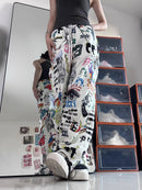 the GRAFFITI - Graffiti Print Pants Chic Fashion Harajuku Drawstring Wide Leg Trousers Loose Sweatpants Streetwear