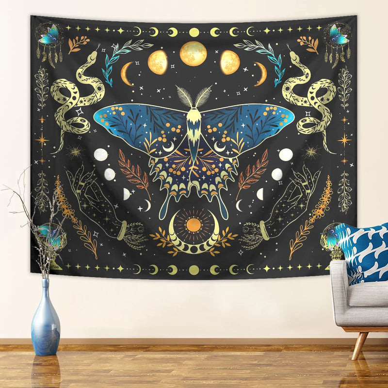 the MOTHMAN - 1PC Butterfly Moon Tapestry, Bohemian Tapestry, Aesthetic Moth Snake Tapestry, Retro Plant Starry Sky Tapestry