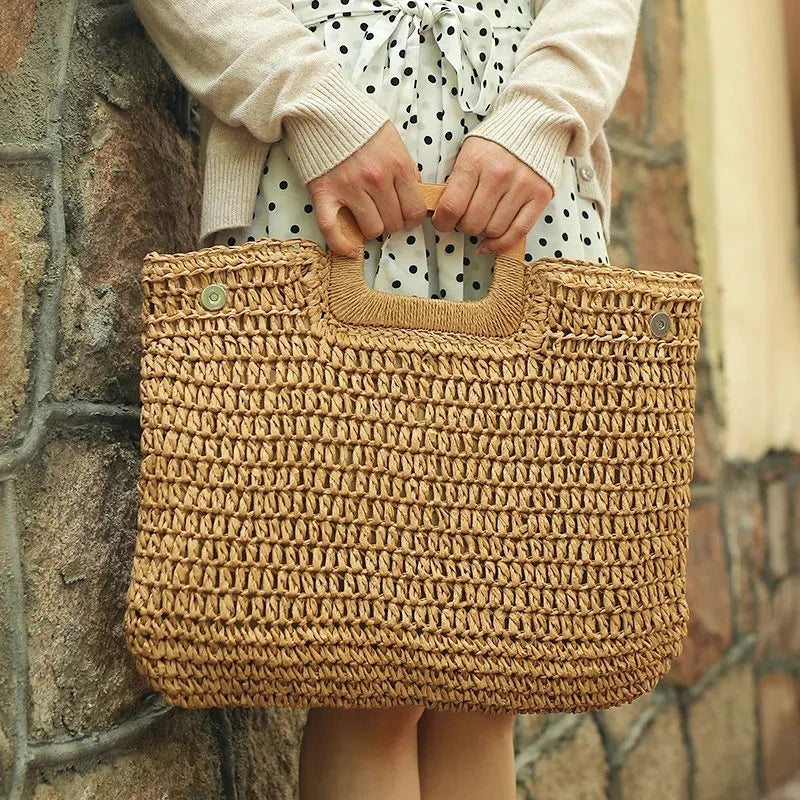 the WOVEN BAG - Straw Bag Rattan Woven Round Tassel Handbag for Women, Large Capacity Shoulder Tote Purse, Ladies Holiday Wood Handle Shopping Bag