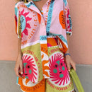 the CITRINE - Women Summer Shorts Outfits Daily Beach Sun Print Short Sleeve Button Shirts Tops Elastic Waist Shorts 2 Piece Lounge Sets