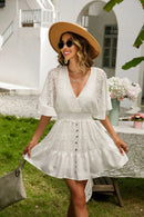 the MINI BOHO - Lace Tunic Sexy Deep V-Neck Button Bikini Cover-Ups Summer Sexy Ruffles Long Sleeves Mini Dresses