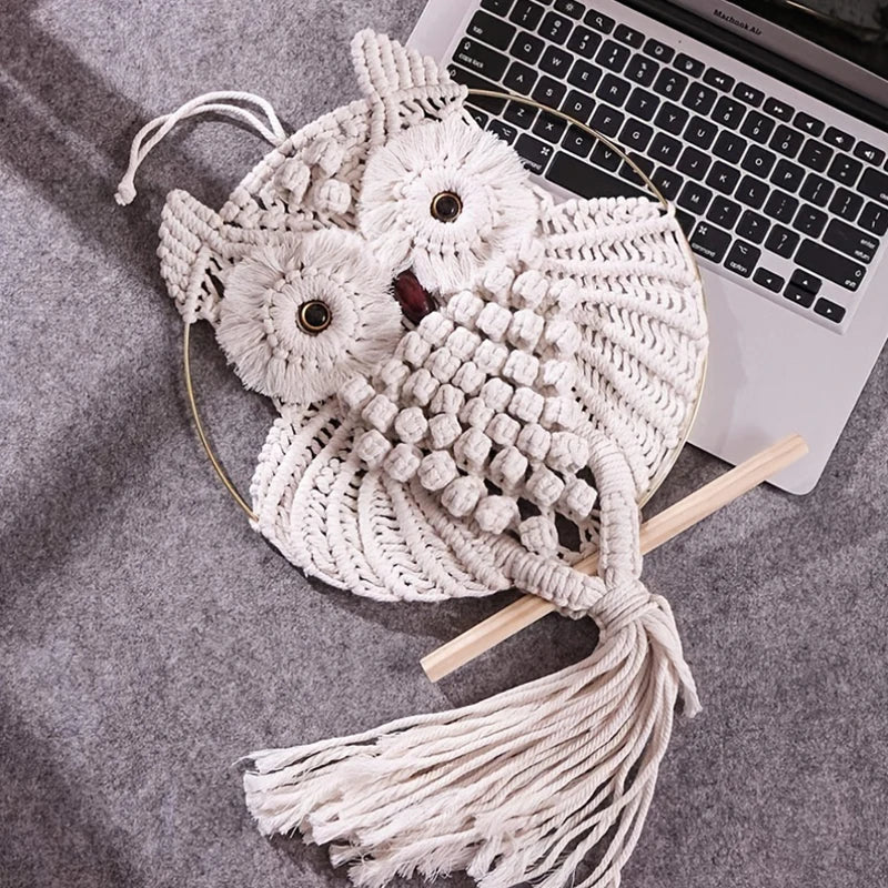 the MACRAME OWL - Owl Tapestry Hand-Woven Owl Dream Catcher Wall Hanging Macrame Mandala Tassel Boho Decor, DIY Apartment Dorm Room Home Decoration