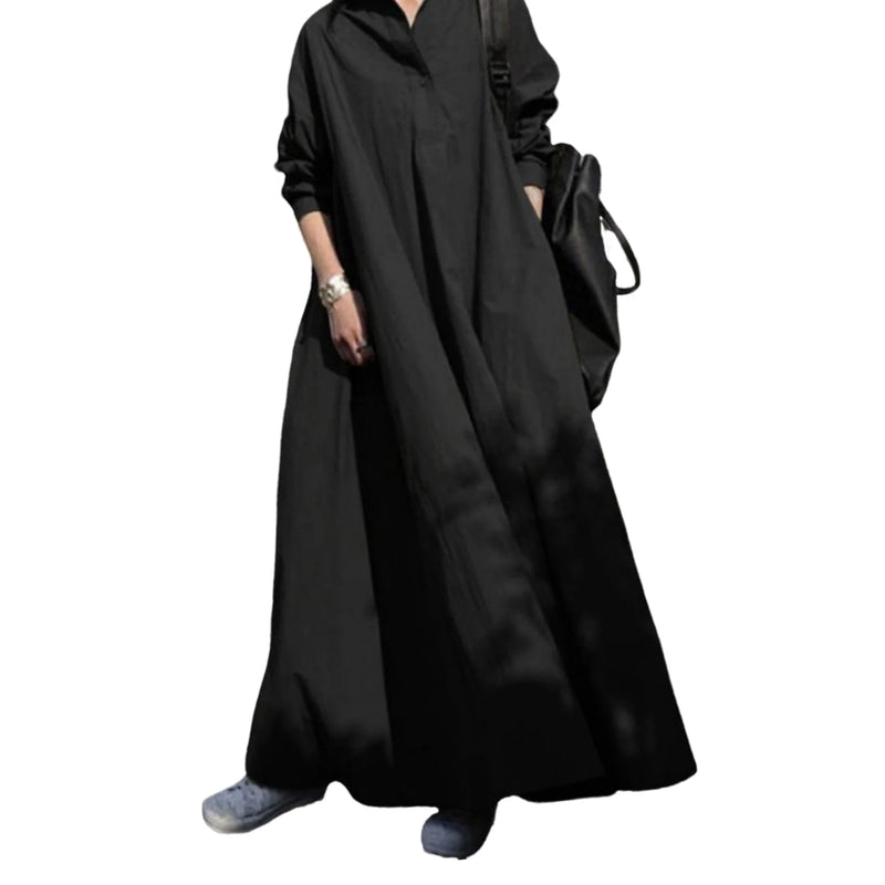 Spring Fall Maxi Dress Robe Baggy Cross V Neck Dresses Solid Color Large Pocket Retro A-line Bohemian Maxi Dress For Casual