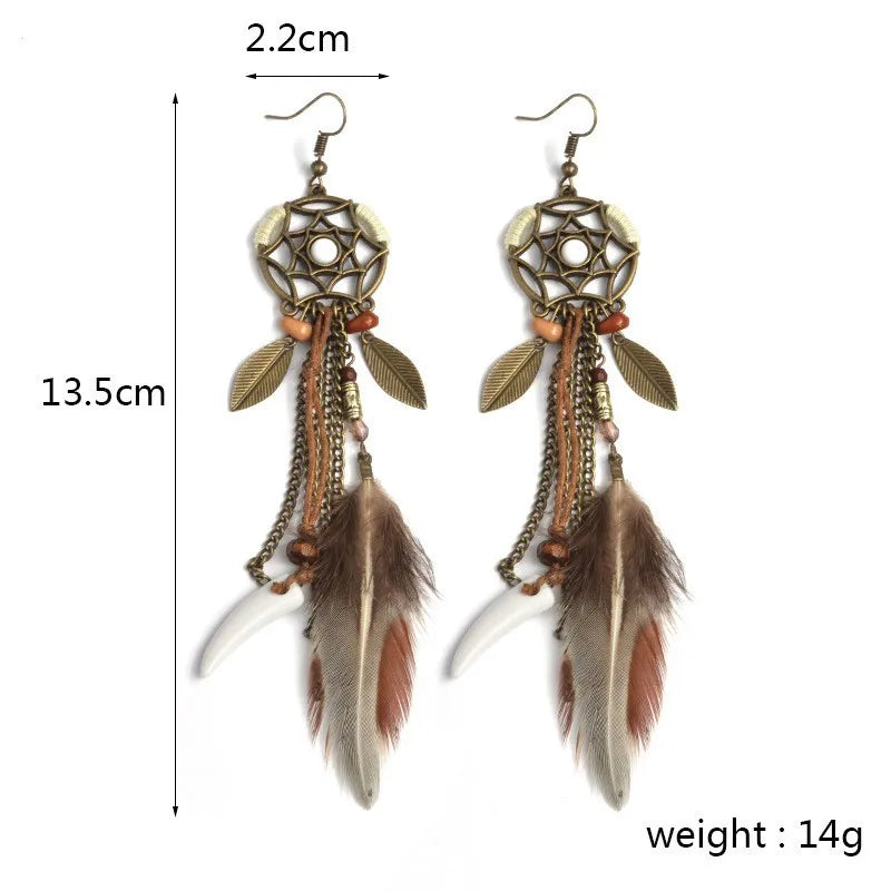 the DREAM CATCHER - Boho Tribal Vintage Dream Catcher Feather Leaf Long Tassel Dangling Earrings for Women