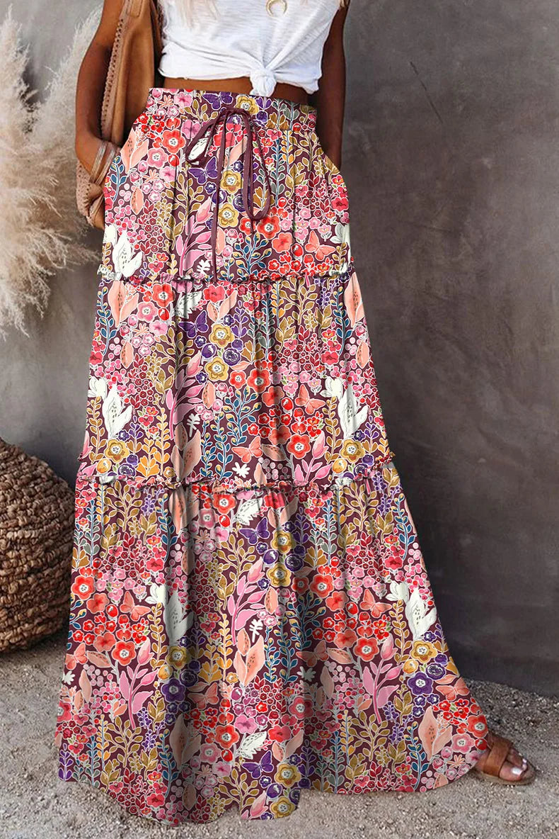 New Long Skirt Retro Skirt Loose Casual High Waist Skirt Bohemian Style Patchwork Pleated Pocket Skirt