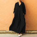 Spring Fall Maxi Dress Robe Baggy Cross V Neck Dresses Solid Color Large Pocket Retro A-line Bohemian Maxi Dress For Casual