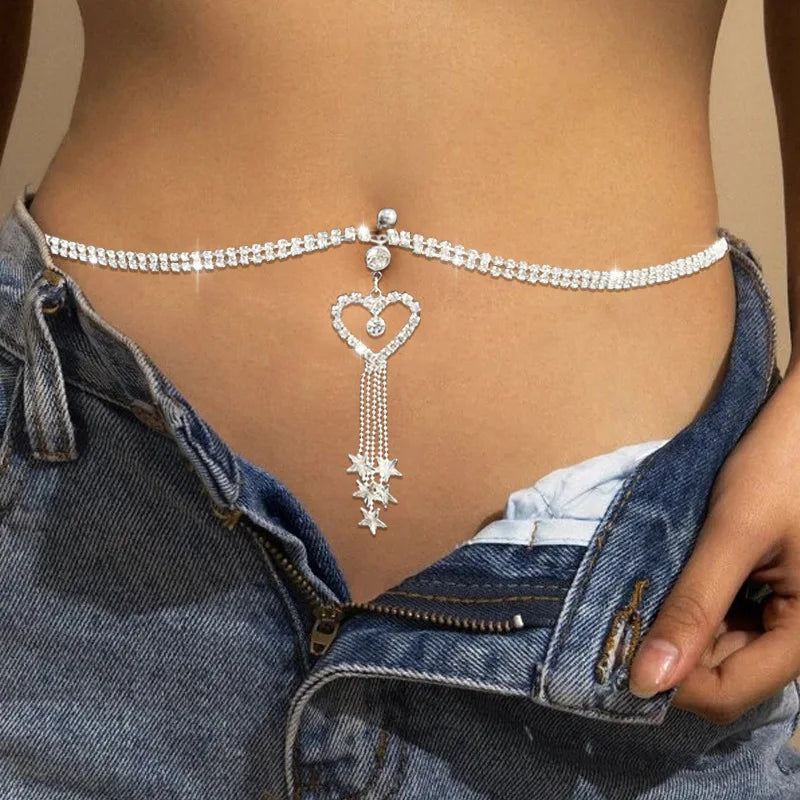 the HEART BELLY - Women's Boho Heart Dangle Rhinestone Piercing Navel Chain Belly Button Ring with Waist Chain, Navel Piercing Body Jewelry